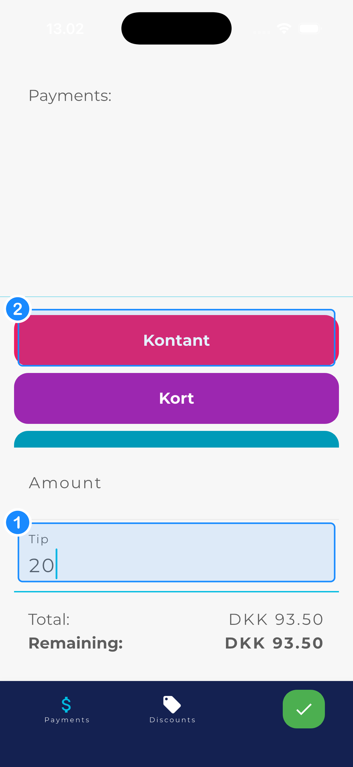 Drikkepenge tastet og Kontant-knap på iPhone